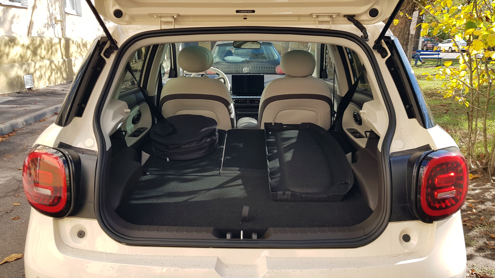 Electric city car JAC E30X in Belarus test salon interior trunk