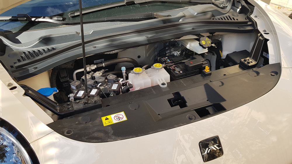 Electric city car JAC E30X in Belarus test engine motor hood