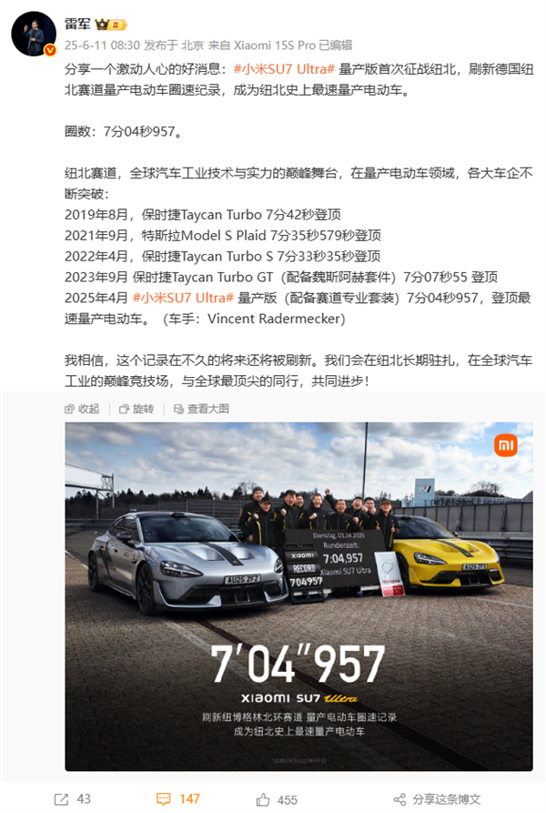 В Китае электрокар Xiaomi SU7 Ultra установил новый рекорд Нюрбургринга среди серийных электромобилей