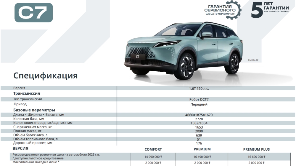 Omoda C7 в Казахстане цены комплектации
