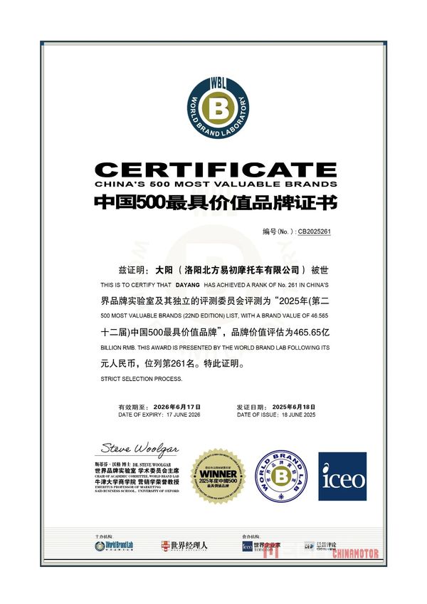 Dayang наградил «500 лучших брендов Китая» с стоимостью бренда, превышающей 46,5 млрд юаней. Dayang наградил «500 лучших брендов Китая», а стоимость бренда превысила 46,5 миллиарда RMB Dayang China Motorcycle News Mega Chinamotor 03