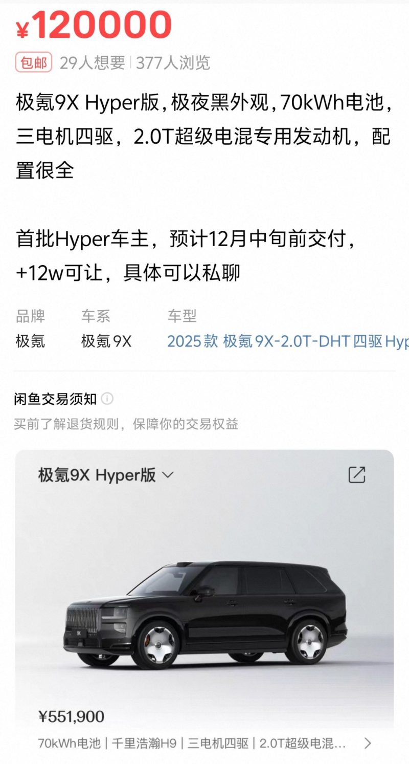 В Китае перекупщики продают заказы на Zeekr 9X за 17 000 долларов из-за высокого спроса.