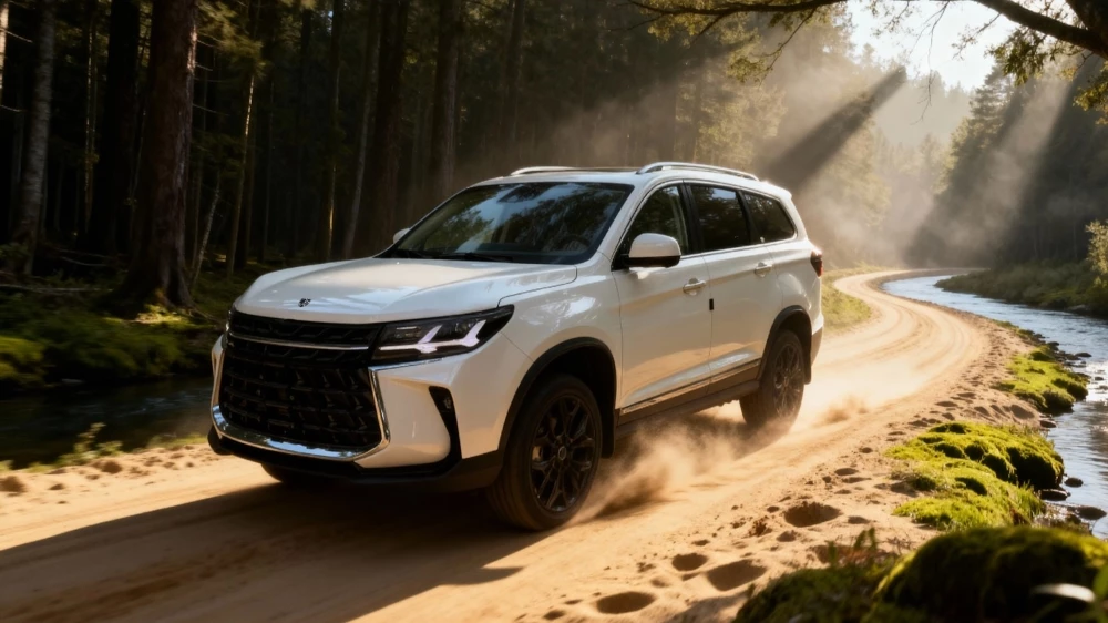 Кроссовер Zubr Volat сбоку спереди в динамике в лесу