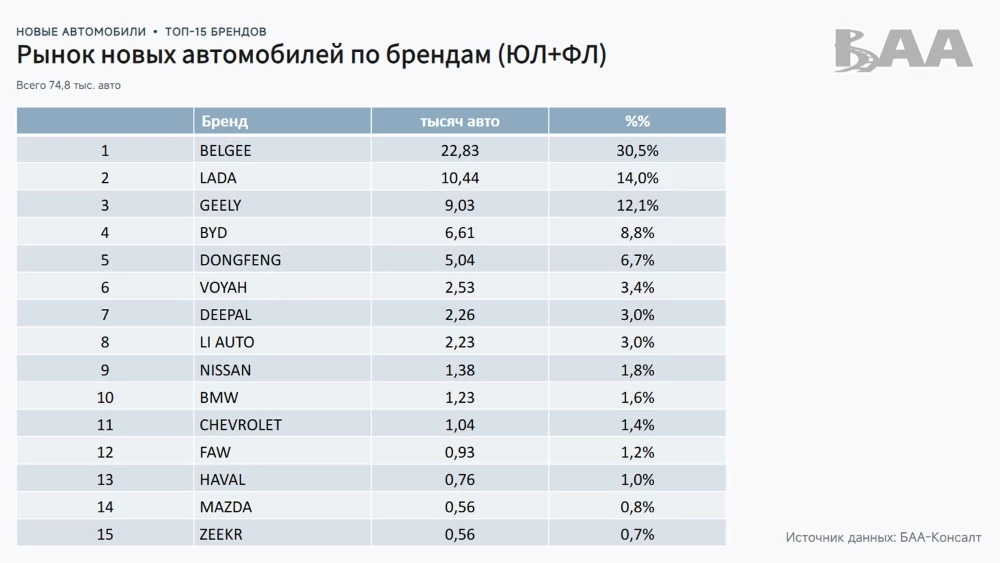 Топ-15 брендов новых легковых автомобилей в Беларуси в 2025 году по продажам 